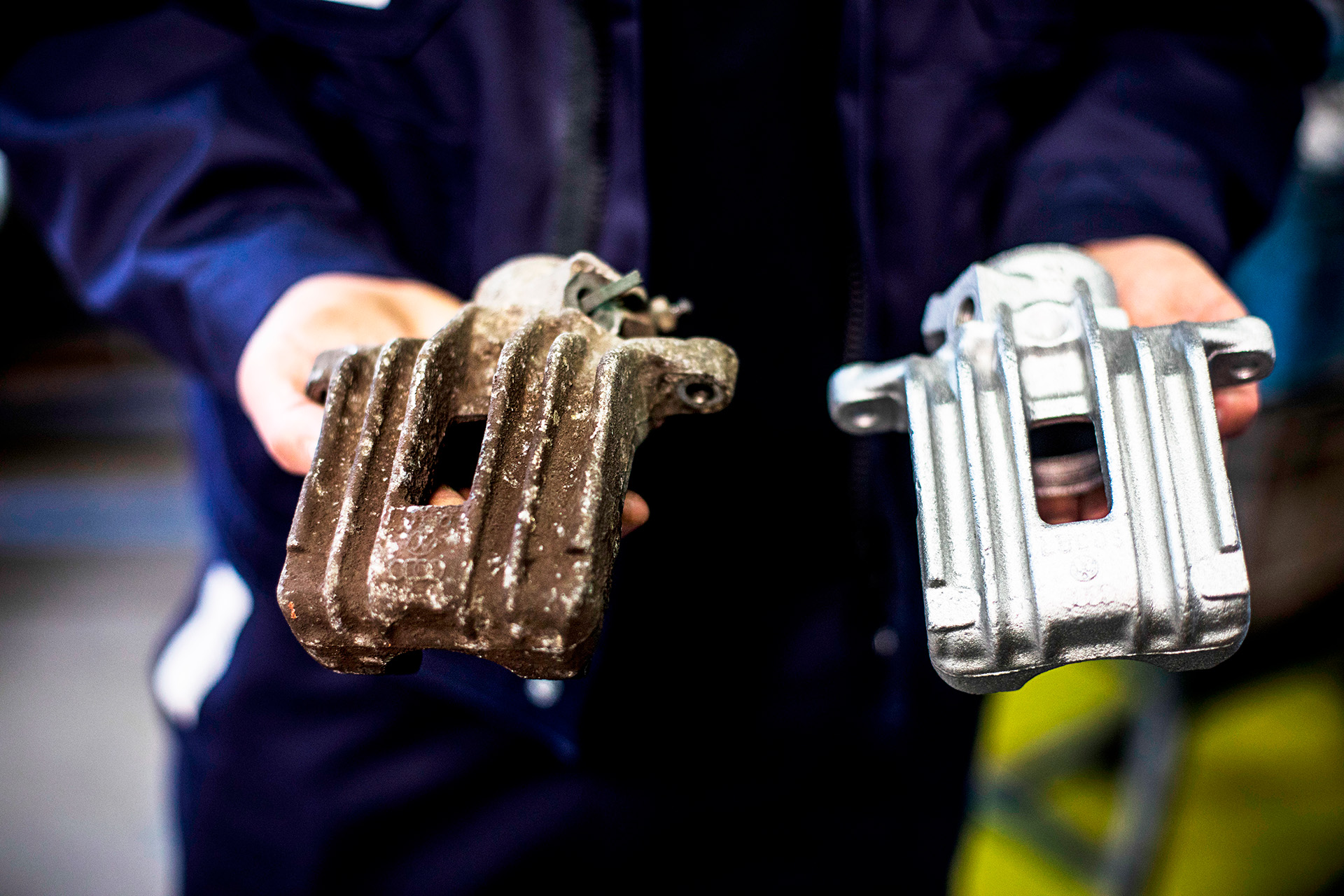 Brake Caliper before and after remanufacturing.